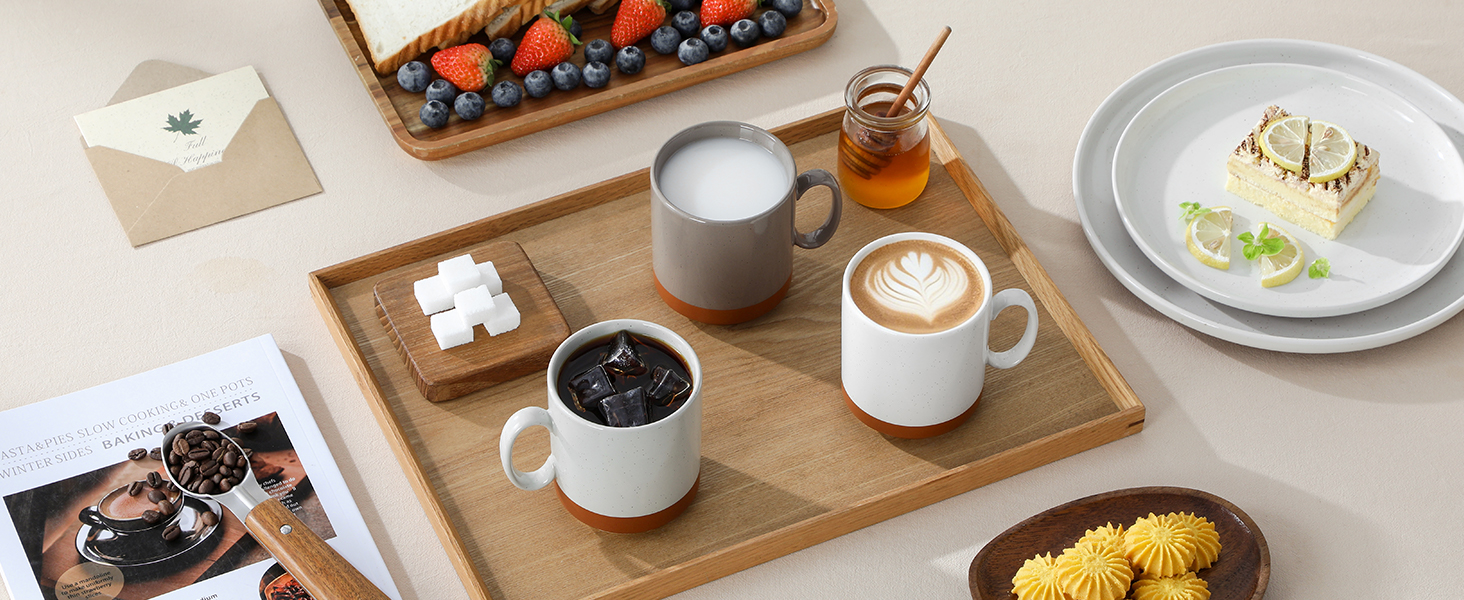 MALACASA Набір посуду з 24 предметів для 6 осіб, керамічний сервіз з реактивною глазур'ю, тепла колірна гамма. Включає: 6 тарілок для їжі, 6 тарілок для десерту, 6 супових тарілок, 6 мисок для мюслі. Колір: білий з коричневим низом (4 чашки для кави, багатоколірні).