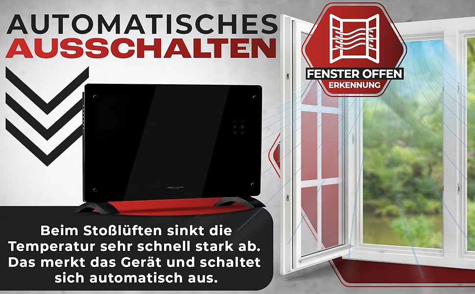 ProfiCare® Електричний конвектор з скляною передньою панеллю та X-подібним нагрівальним елементом | Мобільний обігрівач, також підходить для настінного монтажу | Конвектор з 2 рівнями нагріву | Безшумне опалення - 0dB | PC-GKH 3119 чорний