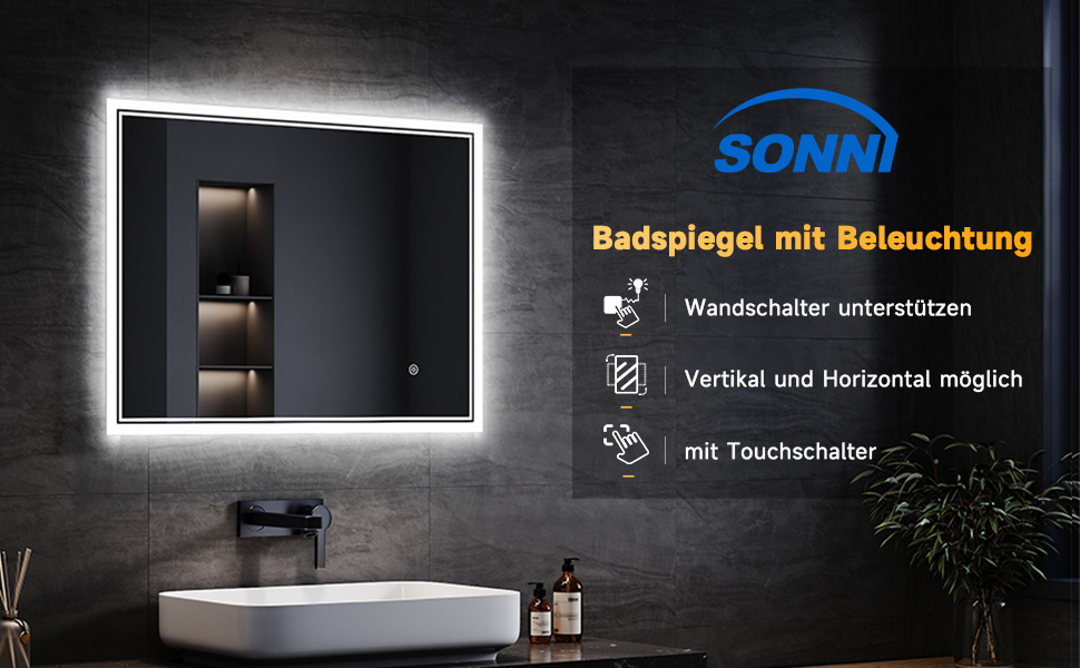 Дзеркало для ванної кімнати SONNI LED з підсвічуванням 80x60 см, біле