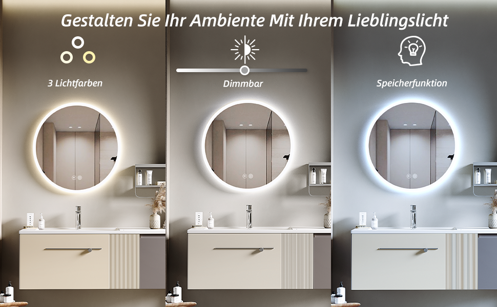 Дзеркало для ванної кімнати HySail з підсвічуванням, 5 мм, висока роздільна здатність, срібне покриття, 3 колірні температури та регульована яскравість, настінне дзеркало з сенсорним перемикачем та антизапарюючим покриттям, кругле (3 кольори + регулювання, 70x70 см)