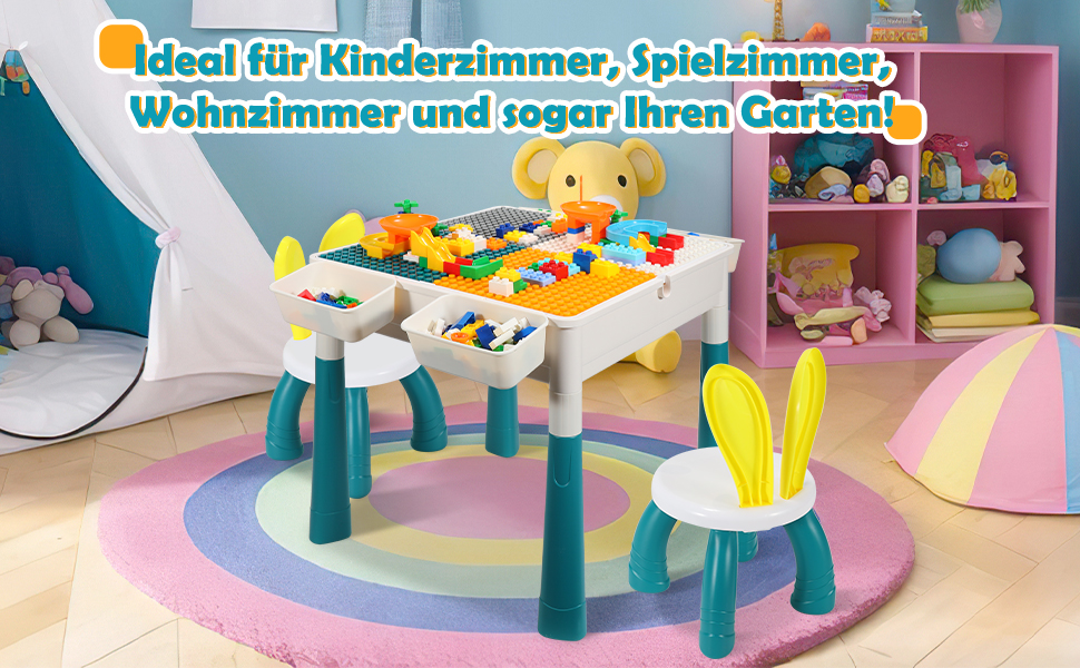 Дитячий стіл з 2 стільцями, ігровий стіл для дітей з 251 кубиком, багатофункціональний стіл для активностей від 2 років з місцем для зберігання, творчий стіл для конструювання з набором кубиків