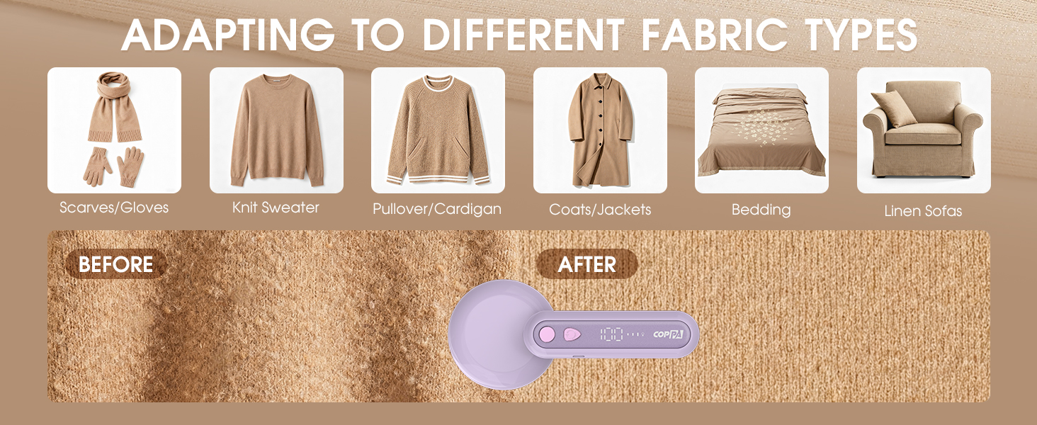 Електричний видальник ворсу COPPA з 6 лезами, 3 швидкості, перезаряджається, портативний, з індикатором заряду, для одягу (білий/фіолетовий)