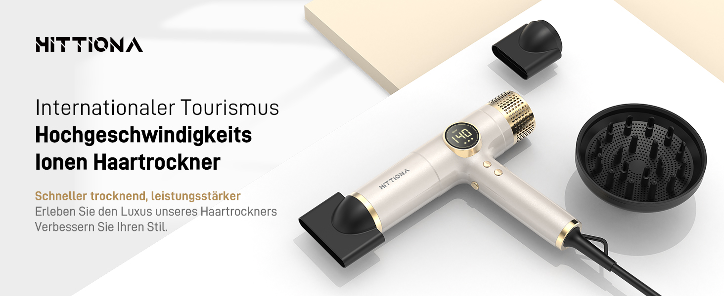Іонічний дорожній фен HITTIONA 3 в 1 з диффузором, золото: швидке сушіння, подвійна напруга (100-240V), низький рівень шуму