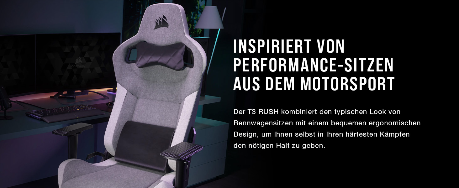 Ігрове крісло Corsair T3 RUSH Fabric (2023) – Стиль автоспорту, тканинне покриття, подушки для шиї та спини
