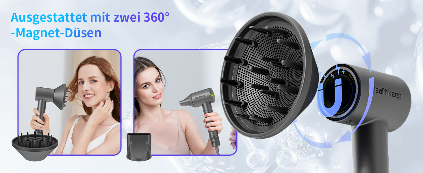Фен для волосся Healthkeep з негативними іонами, 1600 Вт, високошвидкісний мотор 10 000 об/хв, 2 дифузори, низький рівень шуму (<78 дБ), швидке сушіння
