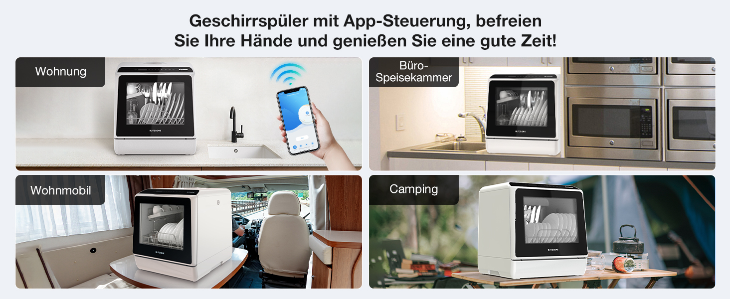 BLITZHOME Міні посудомийна машина з керуванням через додаток, 6 програм, портативна, 5л бак, з/без підключення до води, функція сушіння, для кемпінгу