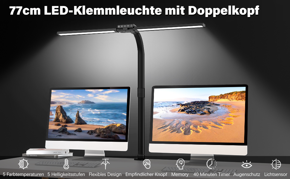 LED лампа для столу Hapfish з кріпленням, 24W, подвійний світлодіодний настільний світильник, широке та яскраве освітлення, 5 режимів кольору та 5 рівнів регулювання яскравості, денне світло, регульована лампа для офісу, дому, дітей, з шийним механізмом
