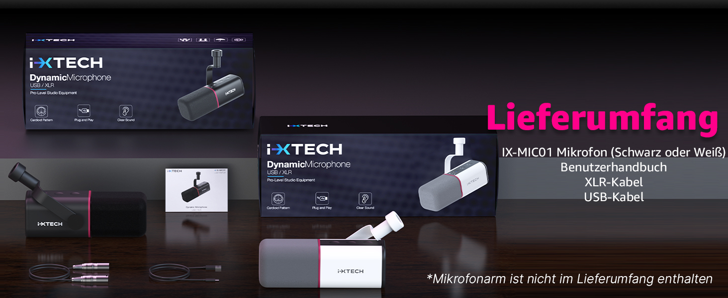 IXTECH Динамічний мікрофон із кардіоїдною діаграмою, RGB підсвітка, USB/XLR, для співу, подкастів, стрімінгу, запису, ігор та озвучування, білий