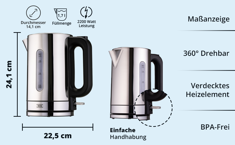 Чайник KHG WK-1702 ES, 1,7 л, нержавіюча сталь, фільтр від накипу, індикатор рівня води, автоматичне вимкнення, 2200 Вт