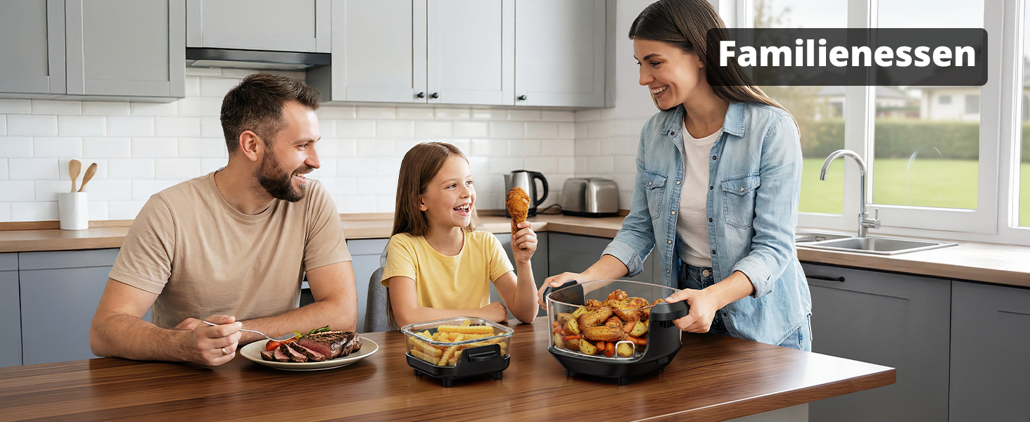 Фритюрниця повітряна AIRMSEN зі скляною чашею, 1500 Вт, 4.5L + 1.2L, 60–230 °C, 4 програми, знімна чаша, для мікрохвильовки та мийки посуду