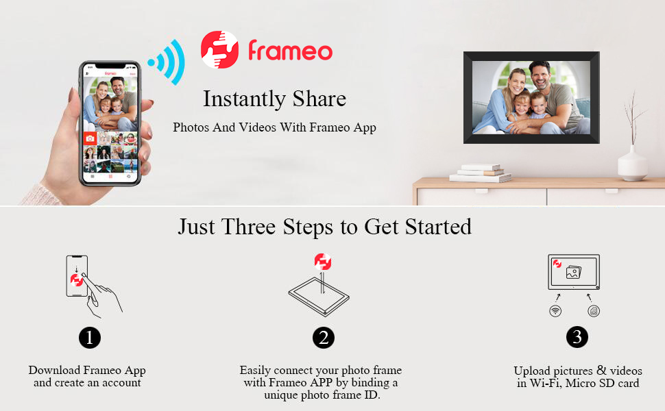 Цифровий фоторамка FRAMEO з Wi-Fi, 32GB, 10.1 дюйма, сенсорний екран, автоповорот, датчик руху, додаток Frameo