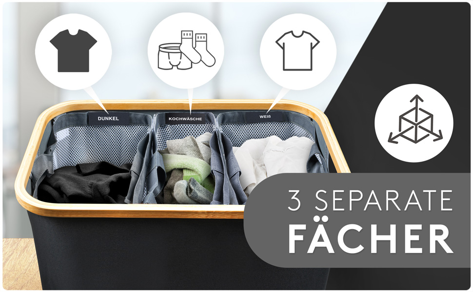 Кошик для білизни з кришкою 145L, водовідштовхуючий, 3 відділення, знімні мішки для білизни, складна коробка для білизни з інструкціями по пранню