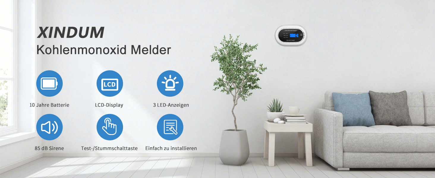 Детектор чадного газу з батареєю на 10 років, LCD-дисплеєм, акустичним сигналом 85dB, функцією вимкнення звуку, для безпеки вдома, EN50291, автономний, чорний