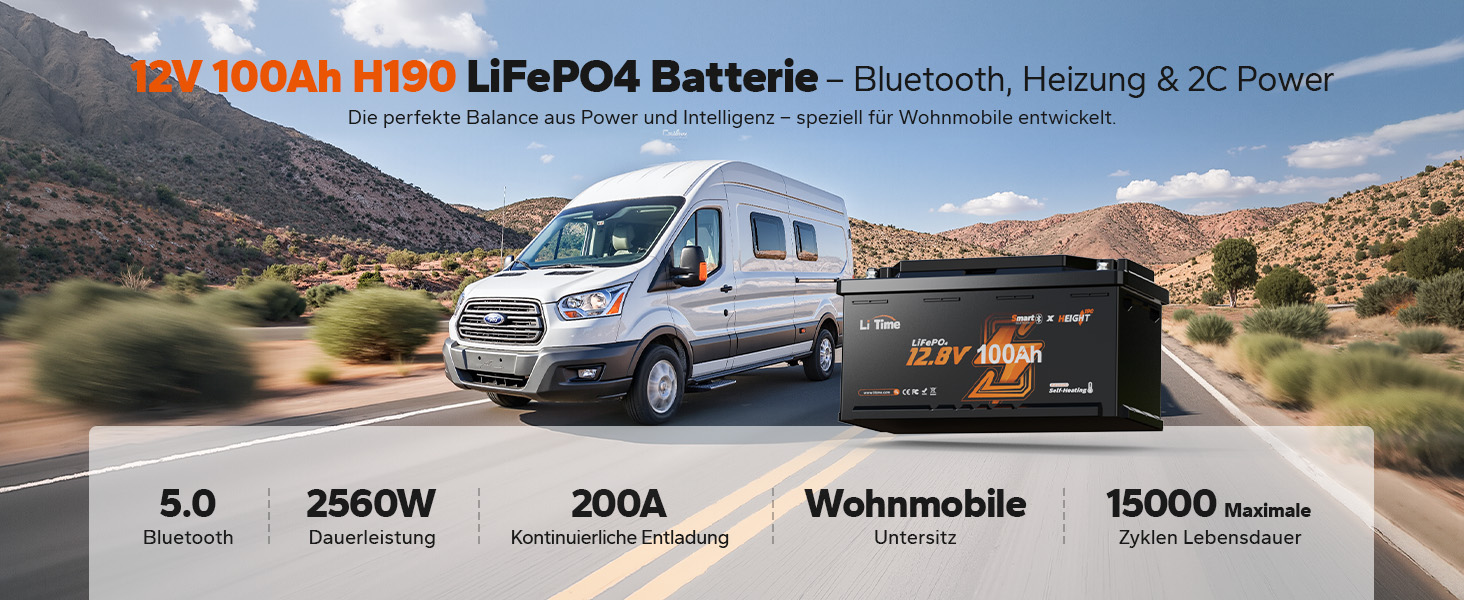 LiFePO4 акумулятор LiTime 12V 100Ah H190 з Bluetooth для кемпінгу та будинків на колесах, літієва батарея