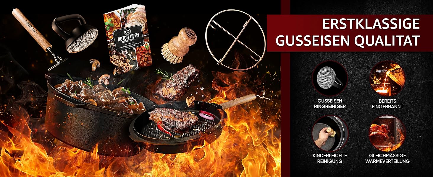 Набір Dutch Oven 4.5л: чавунний горщик для тушкування з ніжками, 2-в-1 кришкою, набором для чищення та рецептами. 30 років гарантії.