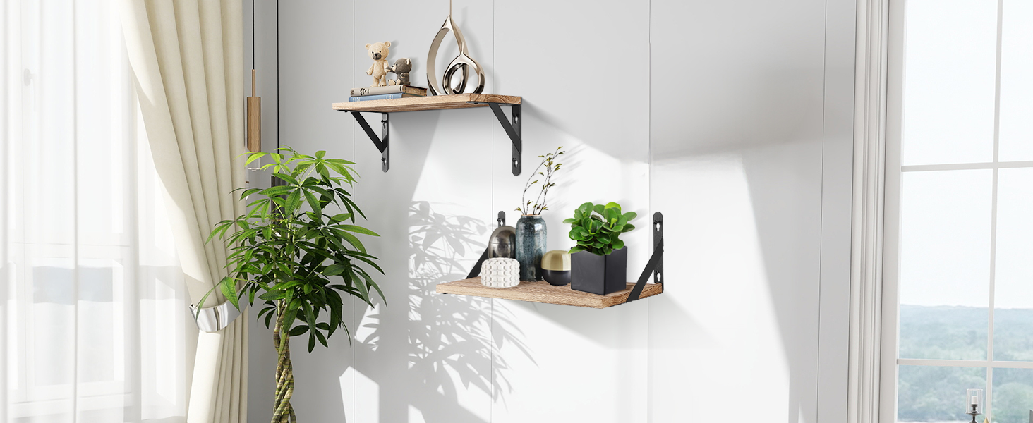 Набір настінних дерев'яних полиць Uten у рустикальному стилі з тримачем для рушників, 2 шт., світло-коричневий — для ванної кімнати, кухні, вітальні та спальні