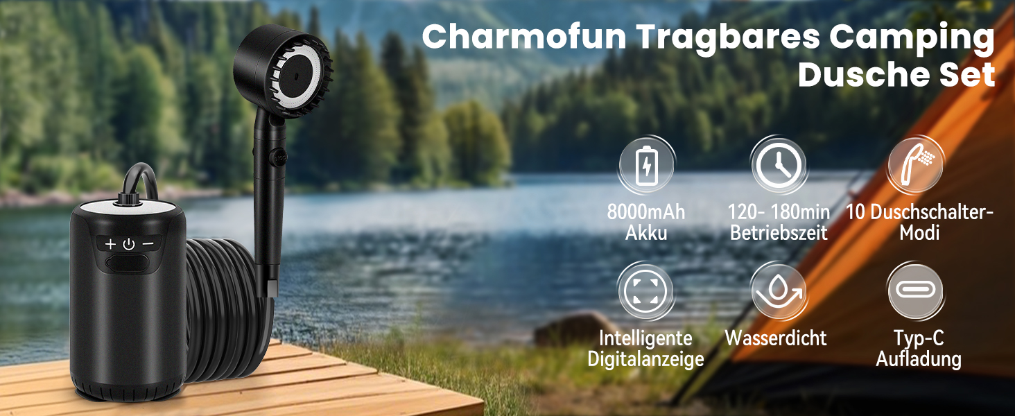 Портативний душ Charmofun для кемпінгу 8000mAh з акумулятором і помпою, фільтр-насадка, 10 режимів, для туризму, саду, авто, тварин