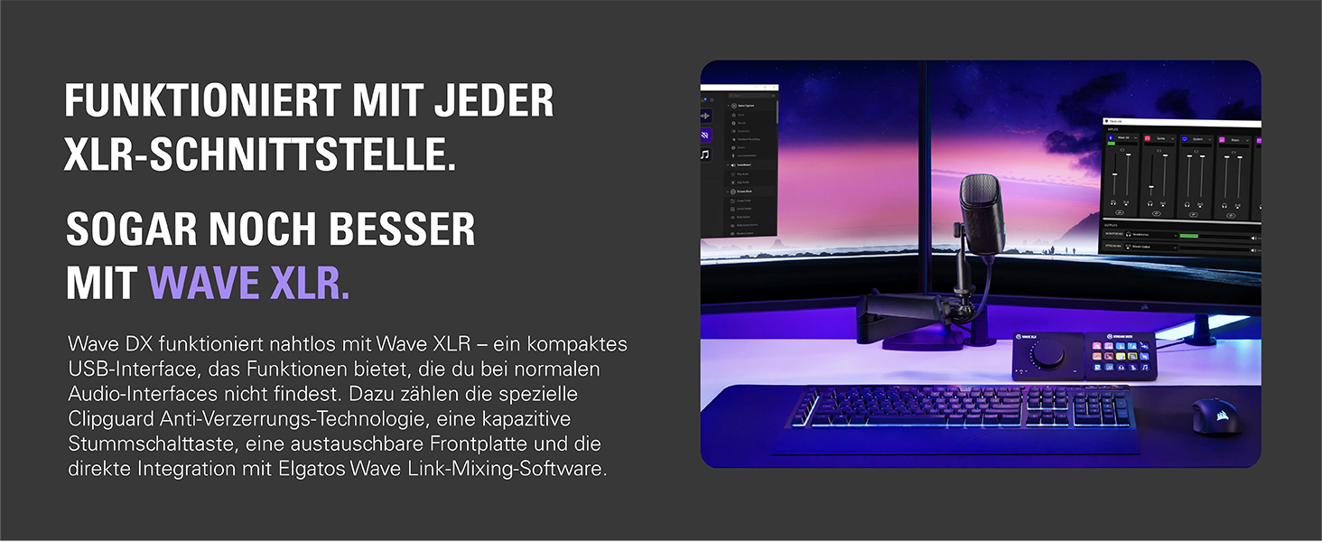 Elgato Wave DX — динамічний XLR-мікрофон для подкастів, стрімінгу та трансляцій, кардіоїдна діаграма, шумозаглушення, не потребує підсилювача, сумісний з Mac/PC