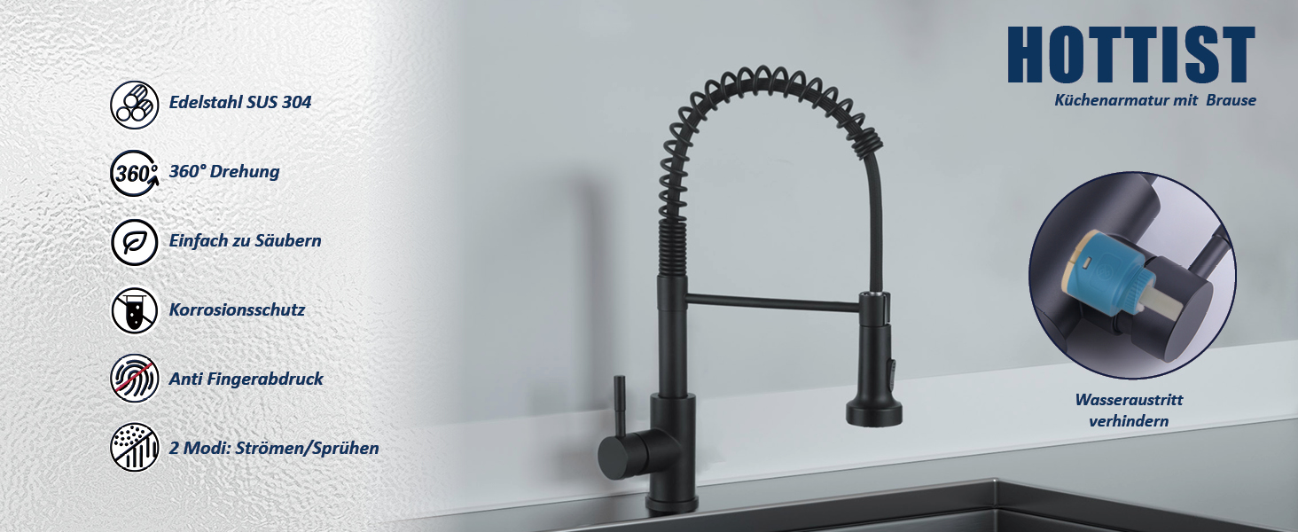 Змішувач для кухні чорний високий з висувним душем Wasserhahn, поворотний на 360°, 2 режими струменя, нержавіюча сталь, матовий чорний