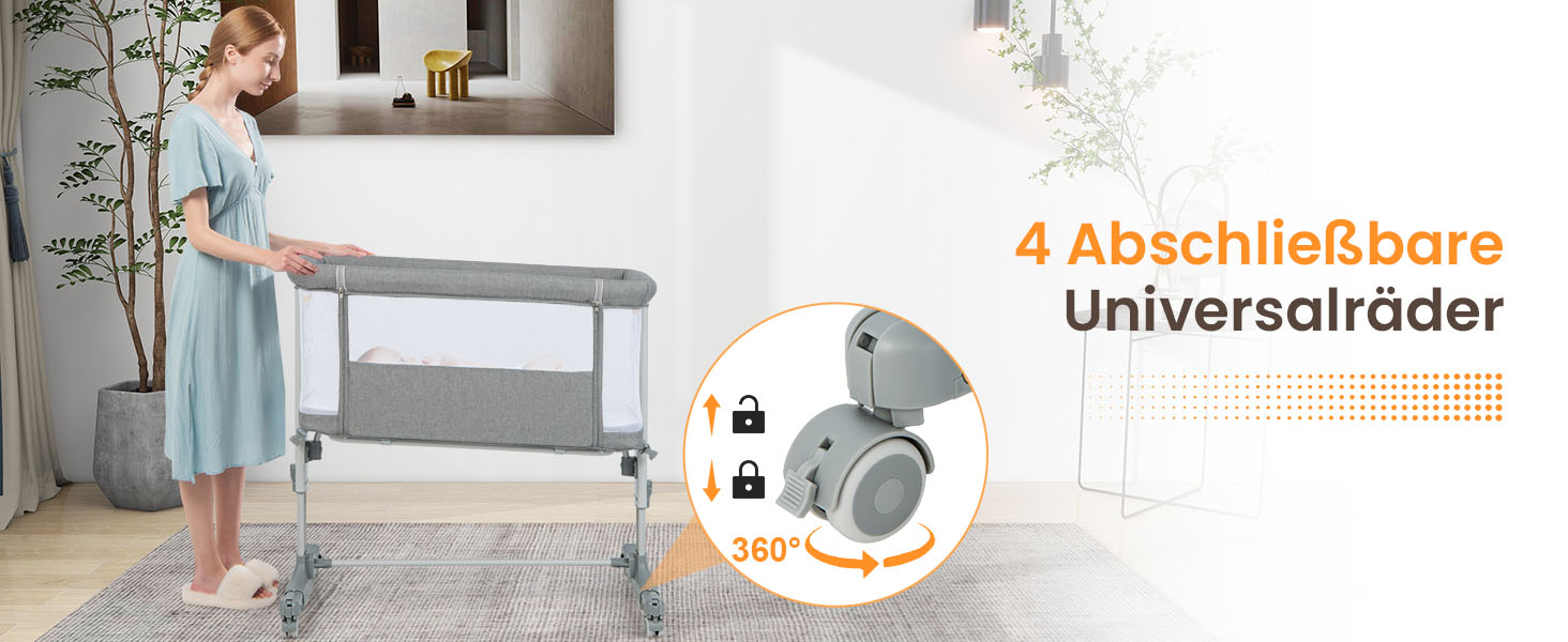 DREAMADE Beistellліжко 2-в-1 з регулюванням висоти, 5-рівнів, для новонароджених, з матрацом та колесами, 86 x 63 см, нахил 10°, сірий колір