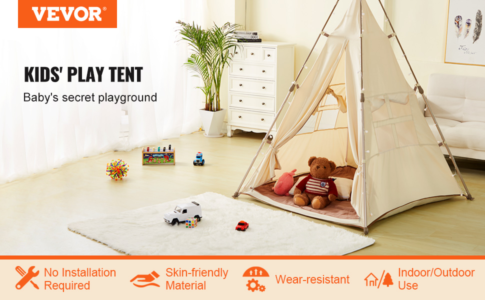 Дитячий намет VEVOR Tipi для дітей 1-5 років, розкладний намет з килимком та сумкою, з вікнами, для хлопчиків та дівчаток, бежевий