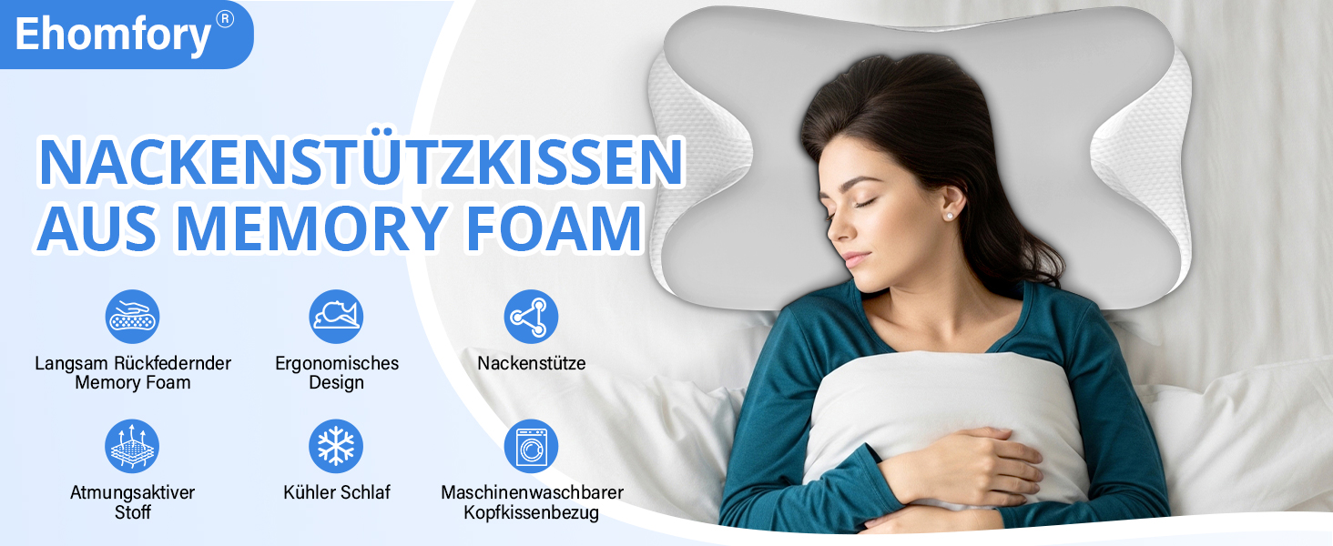 Подушка для шиї Ehomfory з Memory Foam, ергономічна для сну на боці, спині та животі, 67x37x9/12 см, срібляста