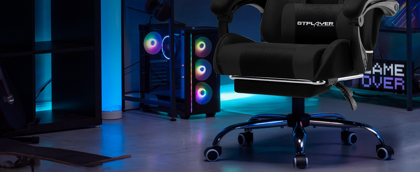 Ігрове крісло GTPLAYER з підніжкою, підголовником та масажем спини, біле (чорне, тканина)