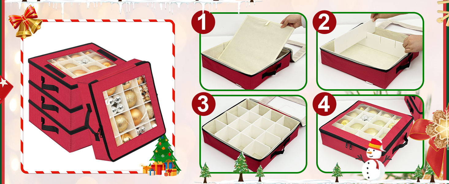 Коробка для зберігання новорічних прикрас з перегородками, 4 шт. Складана коробка для ялинкових іграшок, органайзер для куль, з ручками, червона