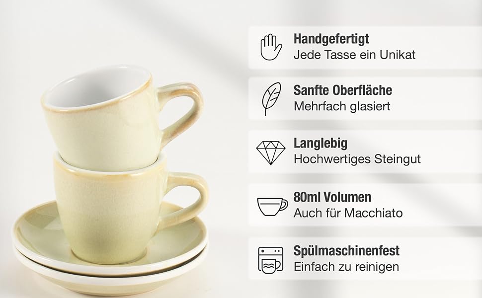 Набір еспресо-чашок HomeBerlin Barista Pro - 4 шт. по 80 мл з підставками - преміум якість, ручна робота