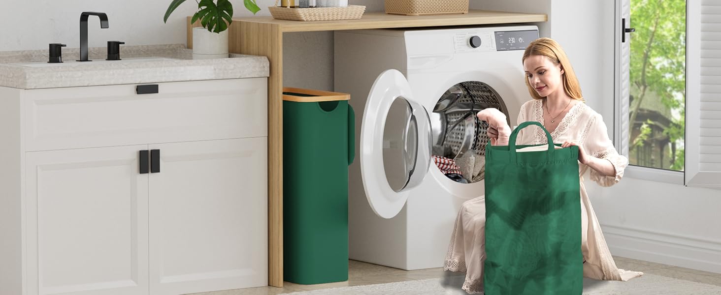 Кошик для білизни Youdenova з кришкою, 48л, вузький, з мішком, сортувальник, бамбук, білий