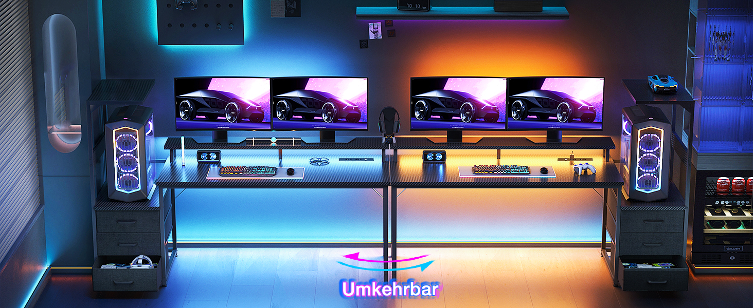 Ігровий стіл Coleshome з ящиками, 151x50 см, LED-підсвічуванням та розеткою, стіл для комп'ютера з полицями та підставкою для монітора, карбон, чорний