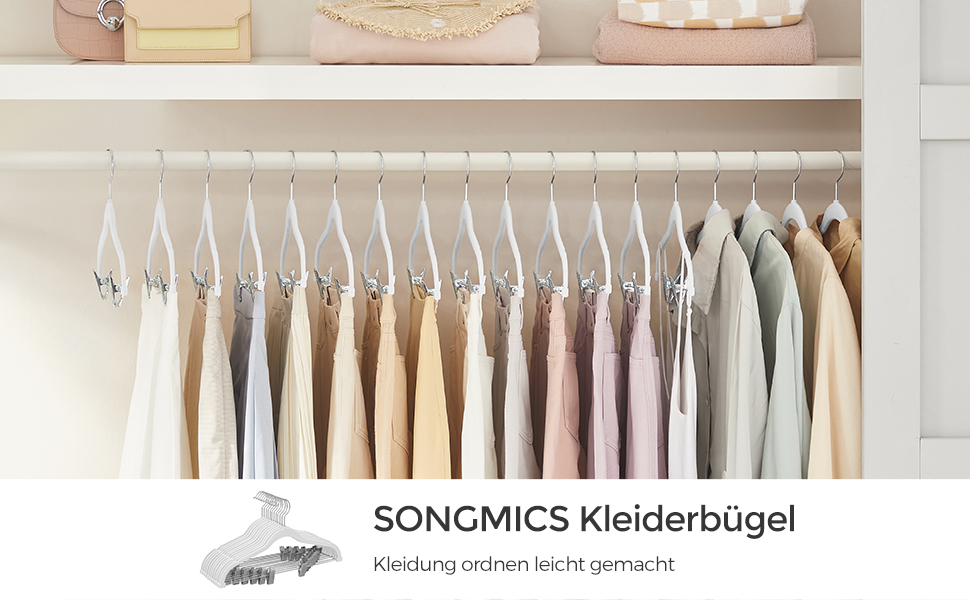 Набір вешалок SONGMICS 20 шт. з оксамитовим покриттям, для штанів, пальто, суконь, 42.5 см, з регульованими кліпсами, антиковзні, економія місця, CRF012B20