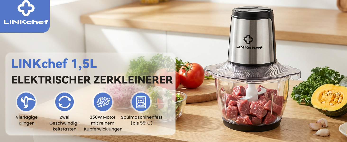 Подрібнювач LINKChef електричний 1.5л, скляна чаша, сталеві ножі, 2 швидкості, для м'яса, фруктів, овочів та дитячого харчування, сріблястий