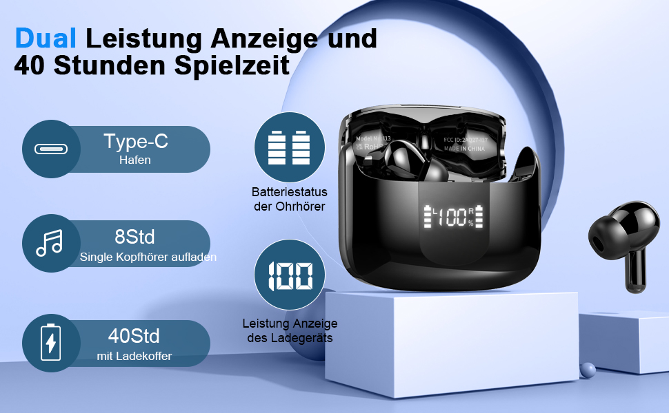 Навушники-вкладиші Bluetooth 5.3, 4 мікрофони, шумозаглушення ENC, 40H, IPX7, USB-C, чорний