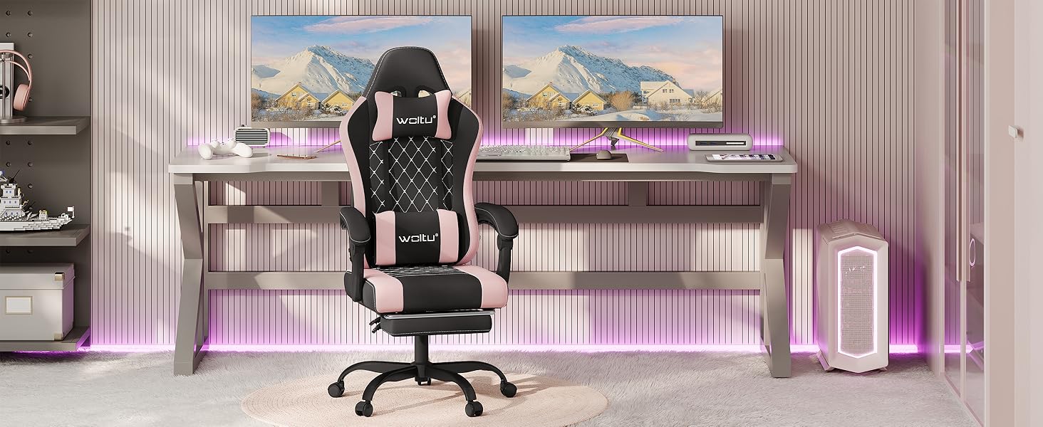 Ігровий крісло WOLTU з масажем, комп'ютерне ергономічне крісло з кишеньковим пружинним сидінням, підтримкою попереку, подушкою для голови, підставкою для ніг, поворотне, 150 кг, рожево-біле (чорно-рожеве, сітчаста тканина)