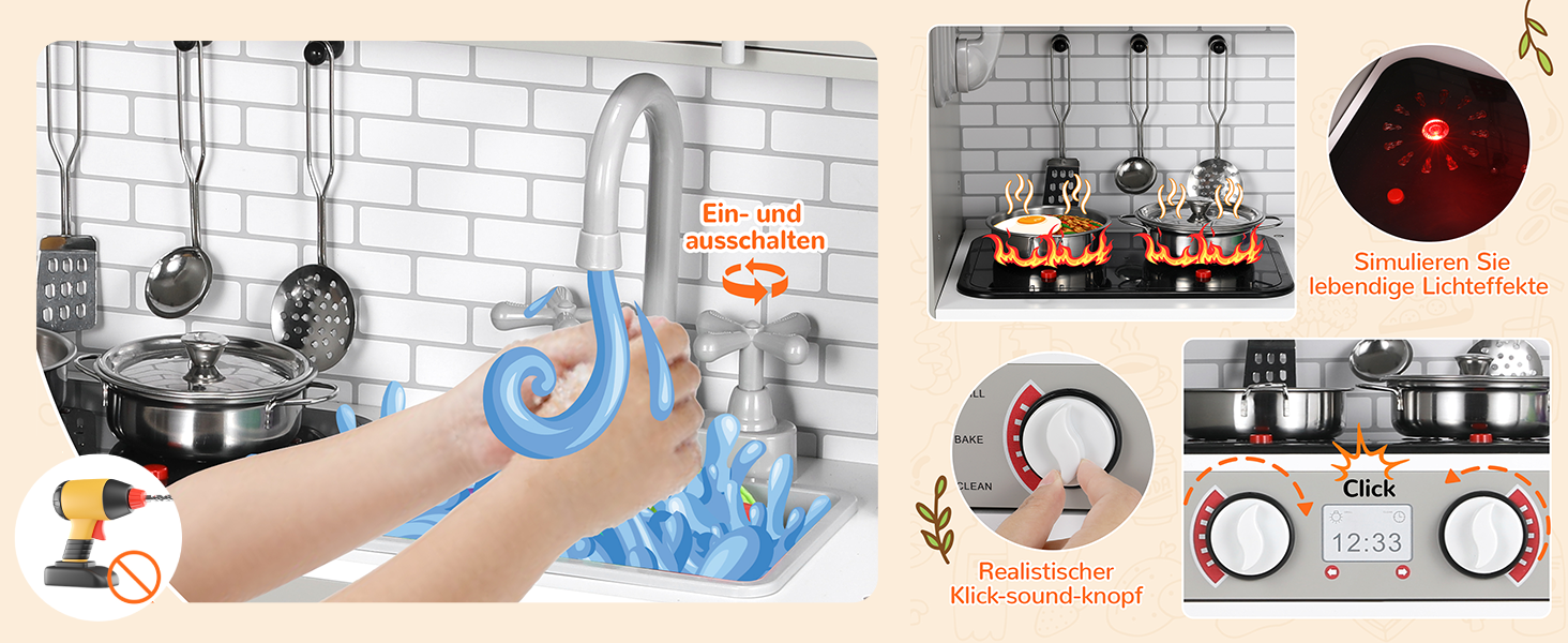 Дерев'яна дитяча кухня MAMIZO з підсвіткою та звуком, 82x80x25 см. Комплектація: аксесуари. Підходить для дітей від 3 років. Білий (сіро-білий) колір.