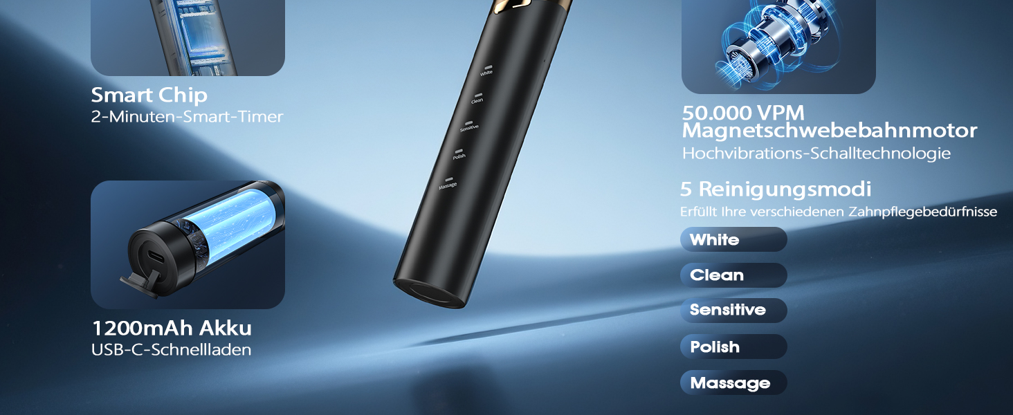 Електрична звукова зубна щітка з 4 насадками та 5 режимами, 50000 VPM, IPX7, таймер 2 хвилини, чорна