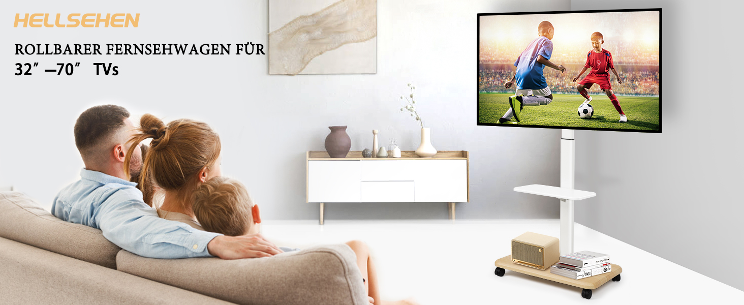 Мобільний ТВ-стіл Hellsehen для LED/LCD/OLED телевізорів 32-70 дюймів (до 45.4 кг), білий, з регулюванням висоти та блокованими колесами