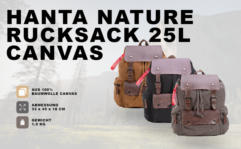 Рюкзак Hanta Nature Backpack Canvas 25L зі шкіри та брезентової тканини туристичний рюкзак для екскурсій, кемпінгу, повсякденний рюкзак для чоловіків та жінок зі шкіряними ременями та блискавкою (коричневий)