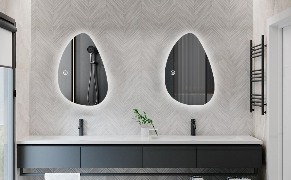 Асиметричне дзеркало для ванної кімнати Boromal з підсвічуванням 80x80 см, LED, сенсорний вимикач, 3 кольори, регулювання яскравості