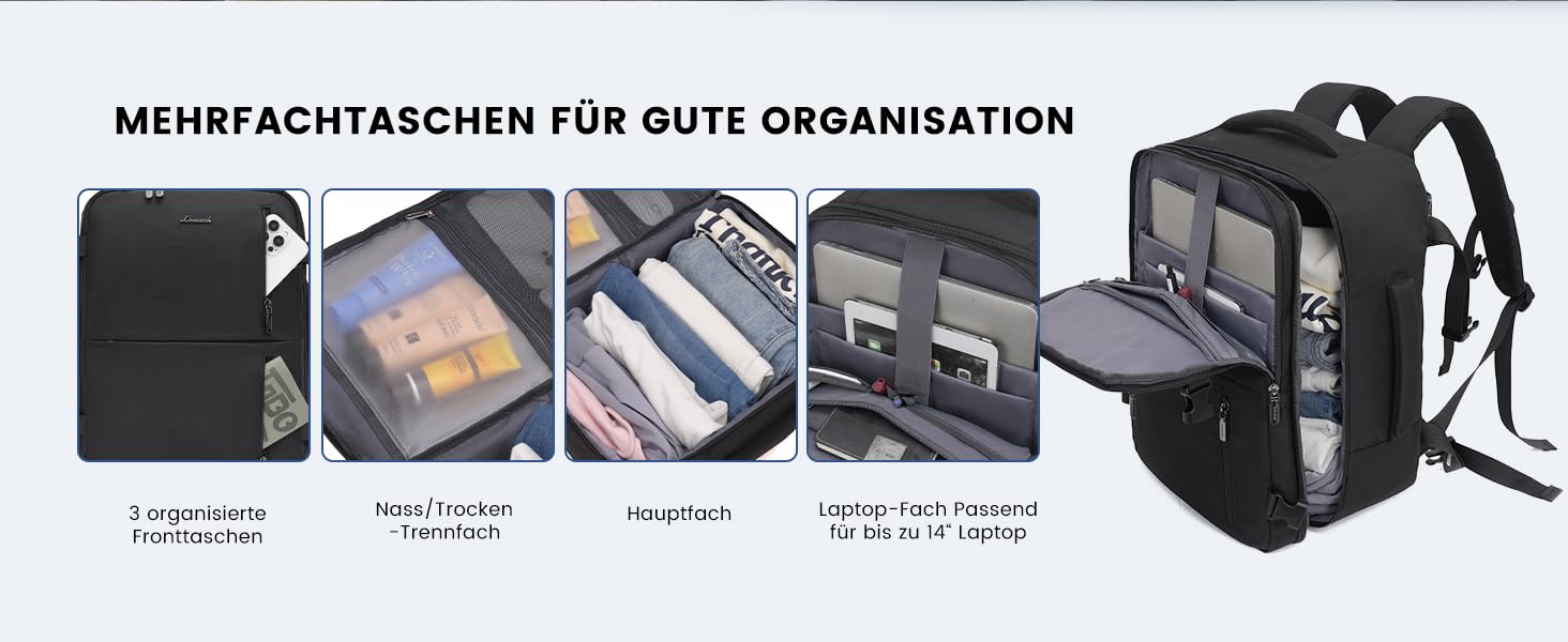 Рюкзак LOVEVOOK для ручної поклажі 40x30x20, 24л, для ноутбука 14 дюймів, з USB, чорний