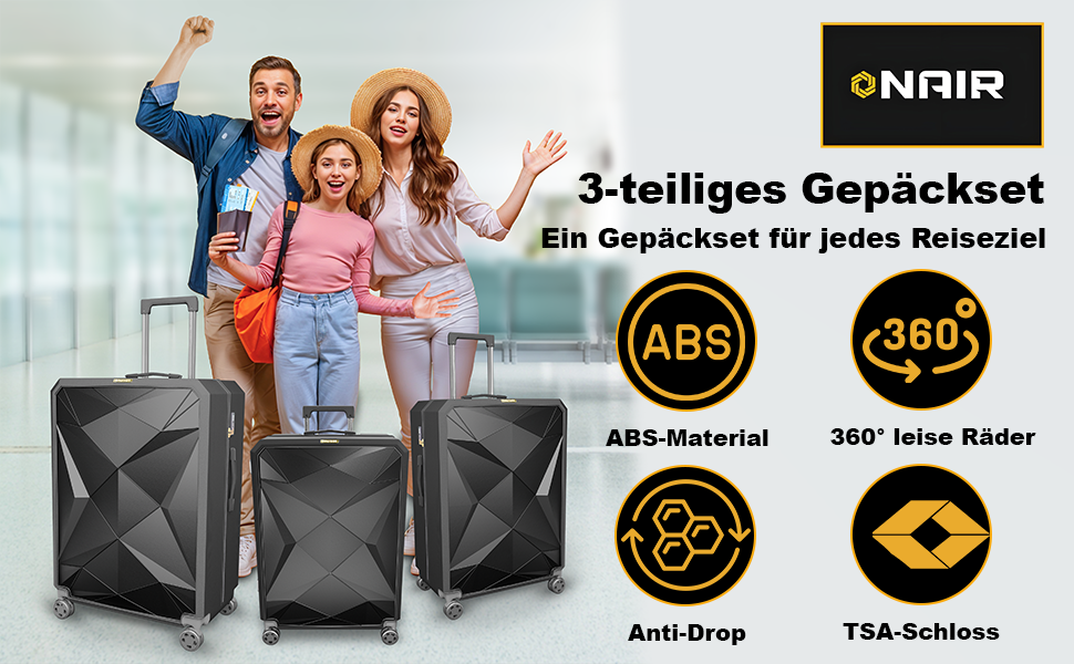 Набір валіз ONAIR 3 шт. (S, M, L) – чорний & золотий. Водовідштовхуюча жорстка оболонка, TSA-замок, тихі колеса, міцний ABS-пластик. Ідеально для подорожей.