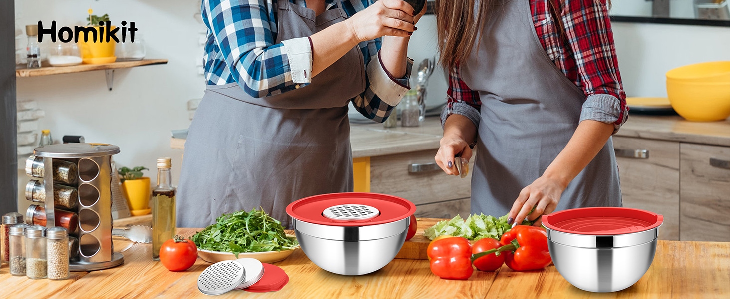 Набір мисок Homikit, 5 шт. з нержавіючої сталі, з кришкою та силіконовим дном, мультифункціональний, для салатів, 6.6L / 3.5L / 2.5L / 1.5L / 1L (червоний, з 3 тертками)