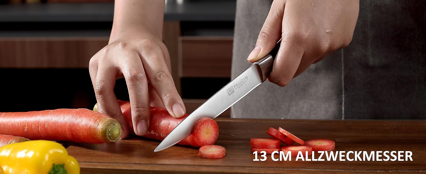 Набір ножів Paudin 7 предметів з дерев'яним блоком: кухонні ножі з нержавіючої сталі та ABS ручками