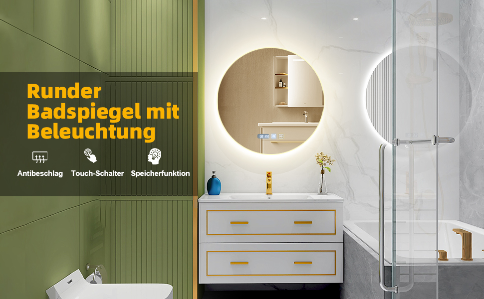 Дзеркало для ванної кімнати Sararoom з підсвічуванням, кругле LED дзеркало 600 мм, з підсвічуванням, 3 кольори світла, регулювання яскравості, запобігання запотіванню, кругле скло, функція пам'яті, 600 x 600 мм