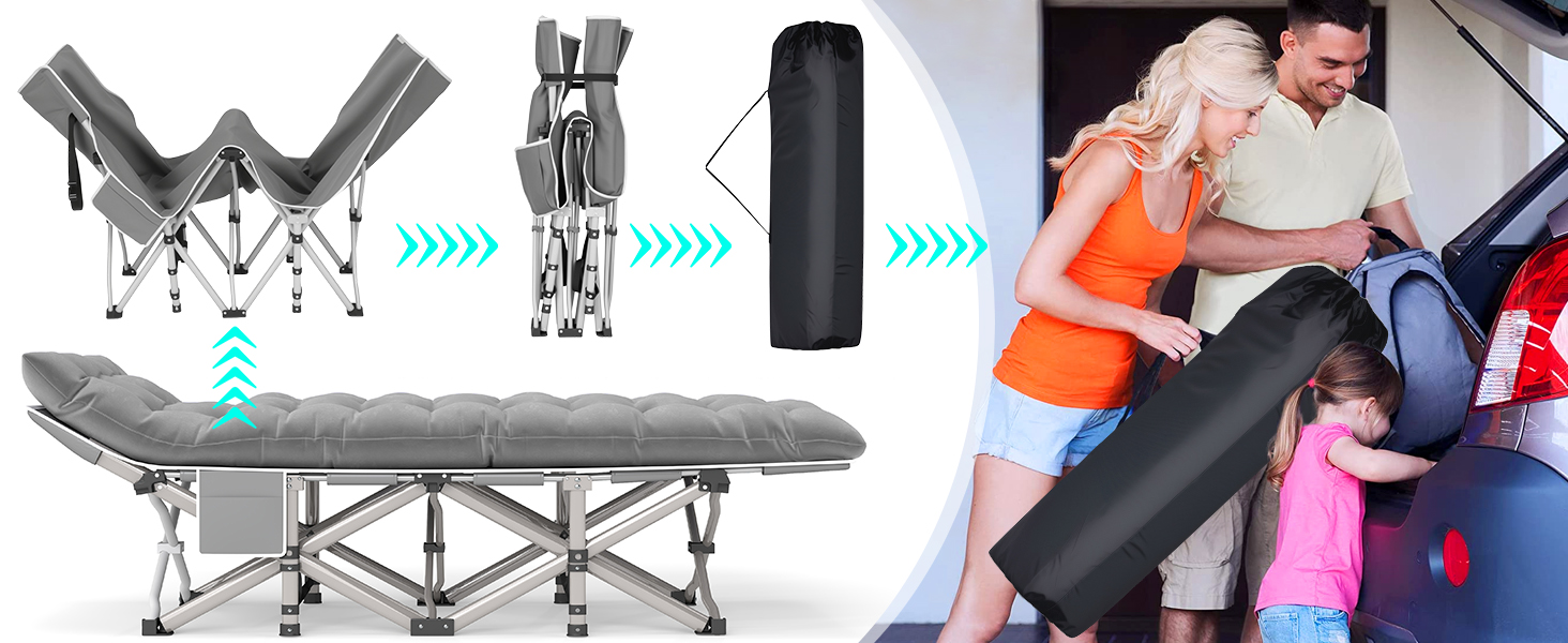 Розкладне ліжко для кемпінгу з матрацом та сумкою-переноскою, посилене (до 208 кг), XL 190x71x35 см, сіре