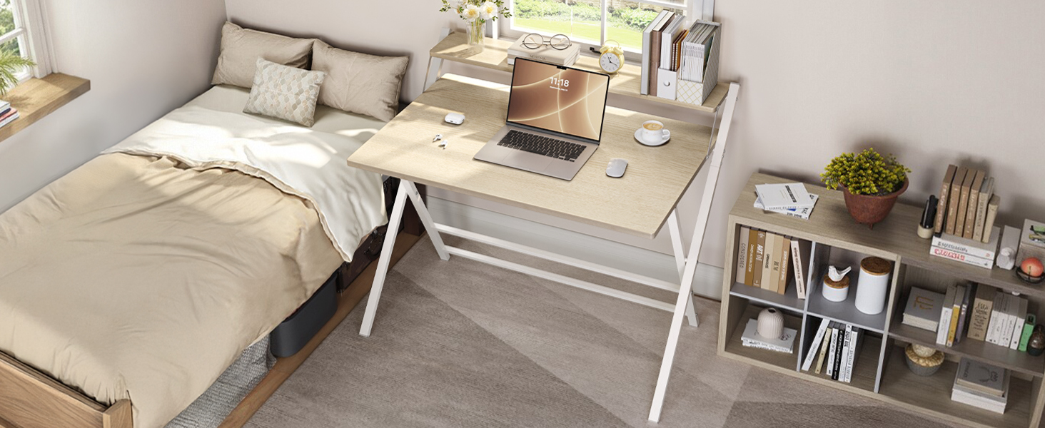 Злагоджений стіл Yaheetech Klappbar, 80 см, комп'ютерний стіл з полицею, двоступінчастий робочий стіл з підставкою для монітора, стіл для ноутбука для домашнього офісу/маленьких кімнат/вітальні, білий/80 см Д × 50 см Ш, білий (світлий колір дерева, 106.5x60.5x90 см)