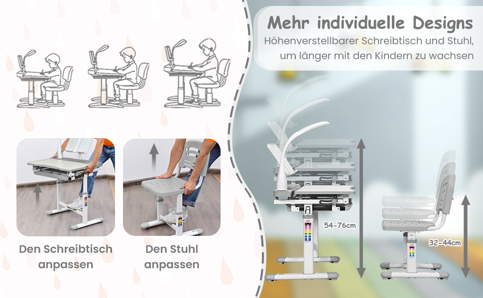 Дитячий стіл COSTWAY регулюється по висоті, учнівський стіл з лампою, дитячі меблі регулюється нахилом, дитячий стіл зі стільцем, письмовий стіл з ящиком, вибір кольору (світло-рожевий)