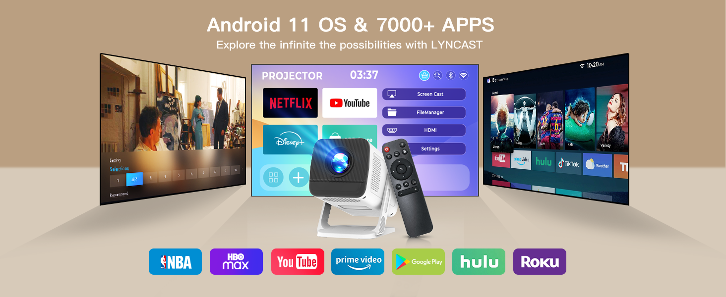 Портативний проєктор LYNCAST HY300 Pro з Wi-Fi, Bluetooth та Android 11. Підтримка 1080P/4K, поворотний на 180°, для домашнього кінотеатру та використання на відкритому повітрі (VisualCube 300 White)