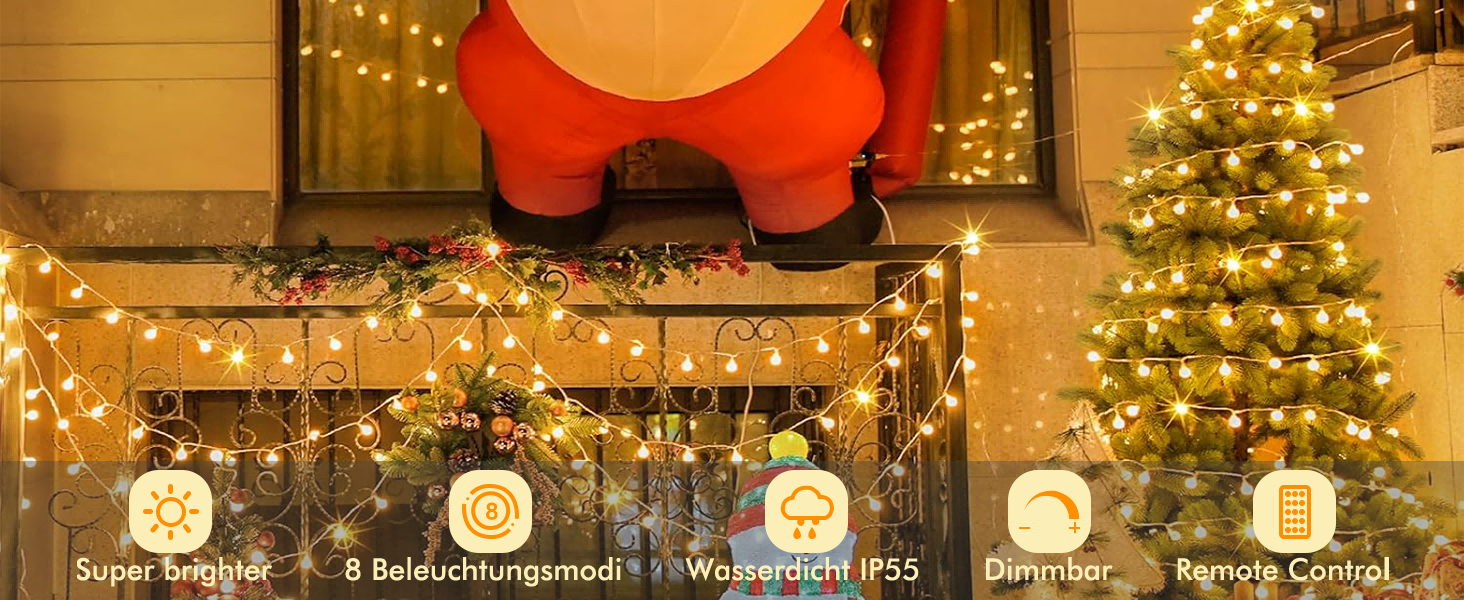 Гірлянда світлодіодна вулична/кімнатна 300 LED куля, 20м, 8 режимів, IP44, теплий білий для декору вечірок, саду, балкону